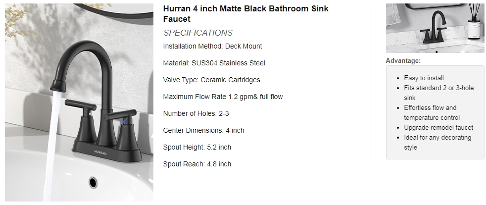 Bathroom Faucets for Sink 3 Hole, Hurran 4 inch Matte Black with Pop-up  Drain and 2 Supply Hoses, Stainless Steel Lead-Free 2-Handle Centerset  Faucet